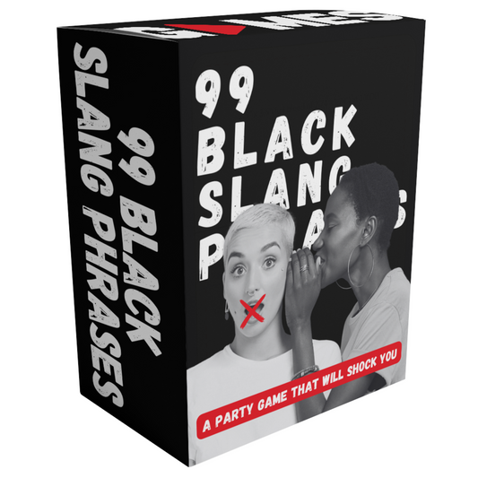 This image displays the packaging of the party card game, "99 Black Slang Phrases." The box features a bold, black and white design, with the game's title prominently displayed in large white text along the sides.