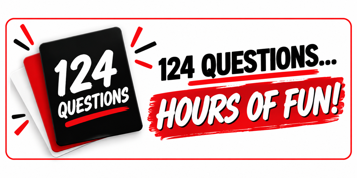 Promotional graphic for a trivia game or quiz pack, featuring a stack of cards with '124 QUESTIONS' on the top card, alongside the text '124 QUESTIONS.